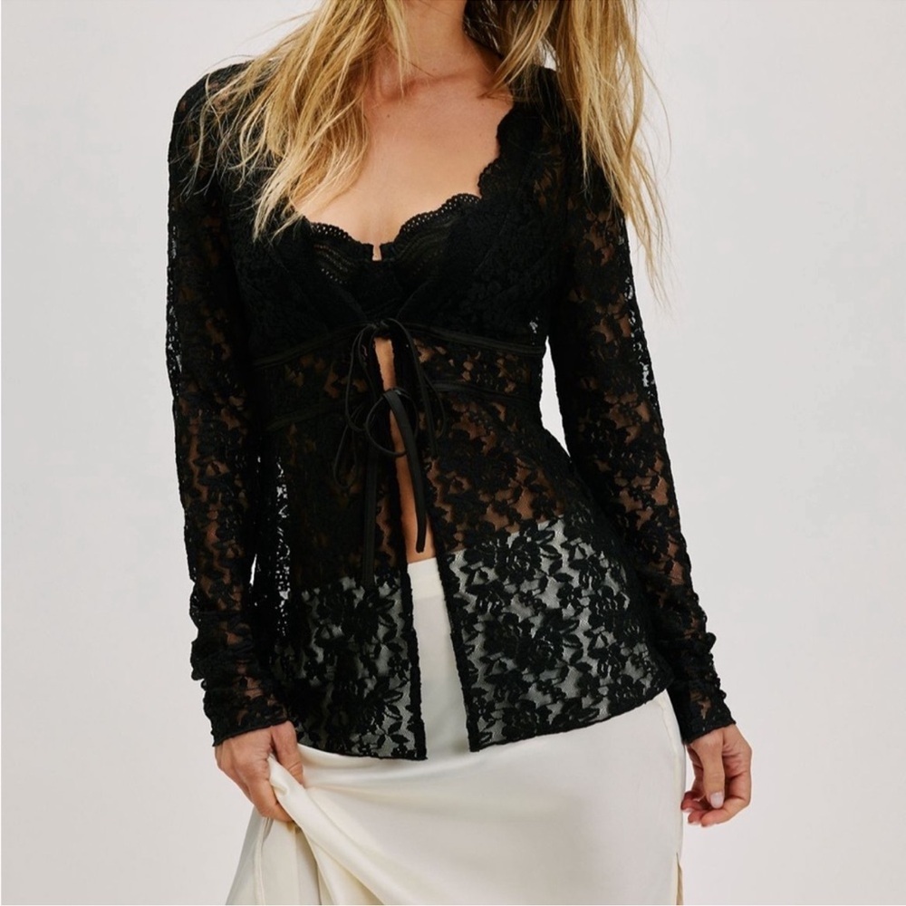 New Free People Daylight Long-Sleeve Lace Top Black XS